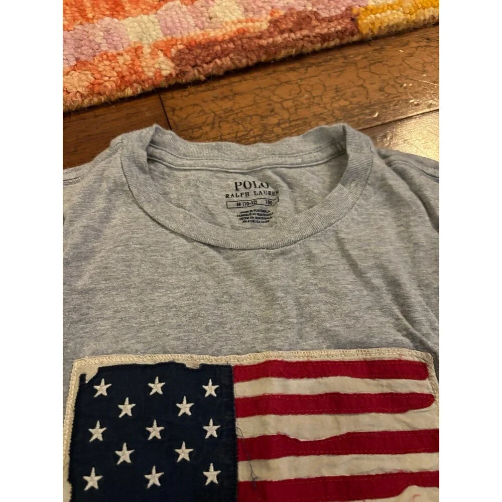 Lot of 2 Polo Ralph Lauren Boys Graphic T-Shirts Polo Bear American Flag Gray M